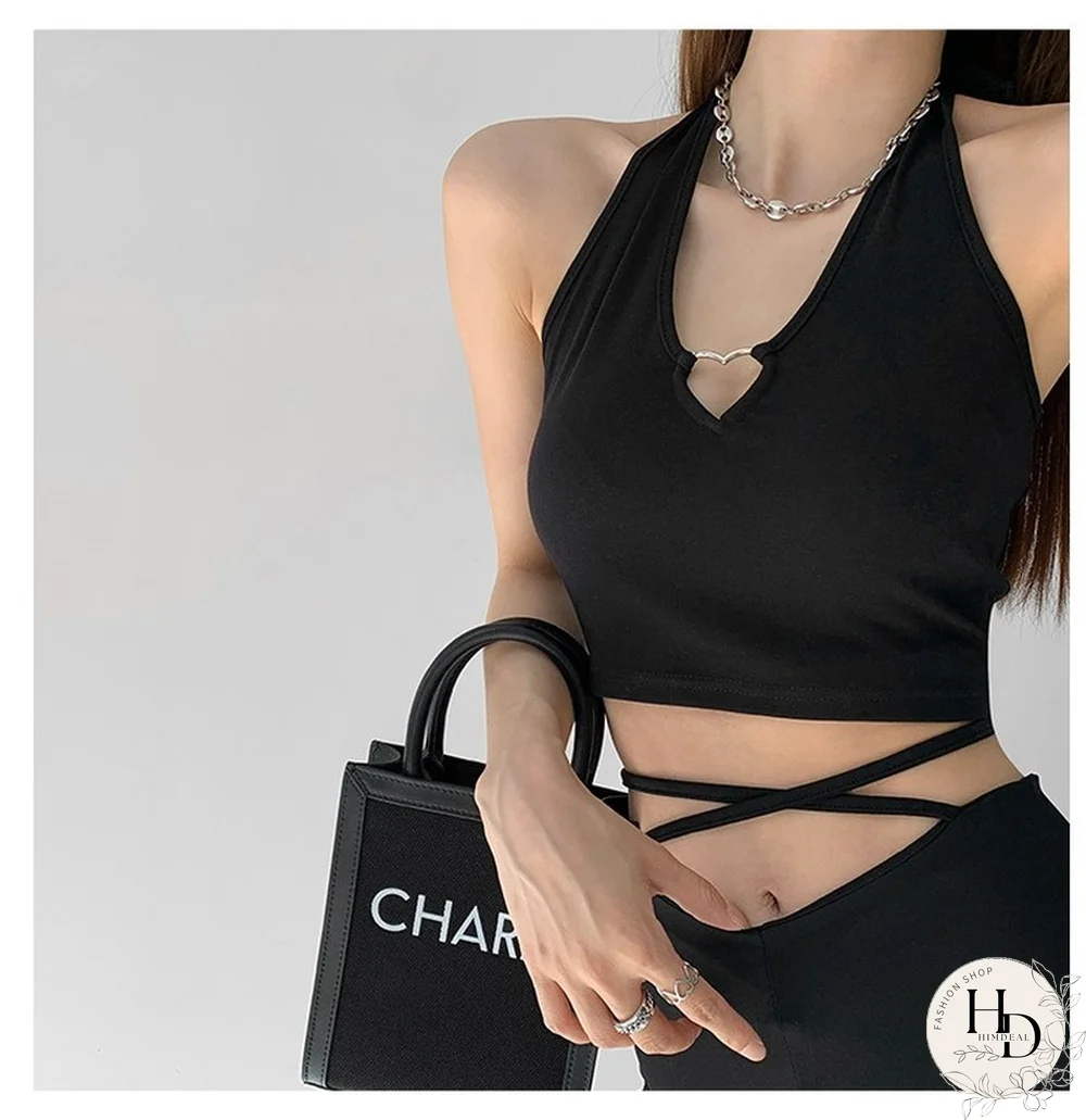 Summer Chic New Hot Girl Metal Heart Love Hollow Out Halter Sling Design Casual Outer Wear Sleeveless Navel Short Vest