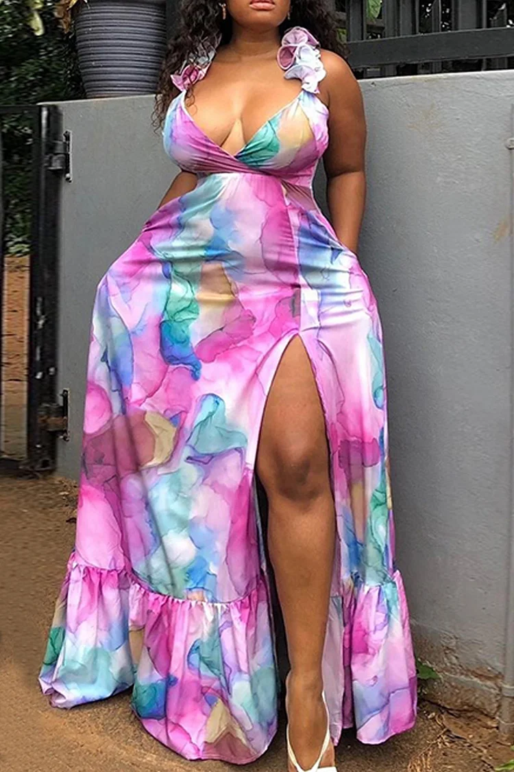 Plus Size Rose Red Vacation Print V Neck Split Ruffle Maxi Dresses [Pre-Order]