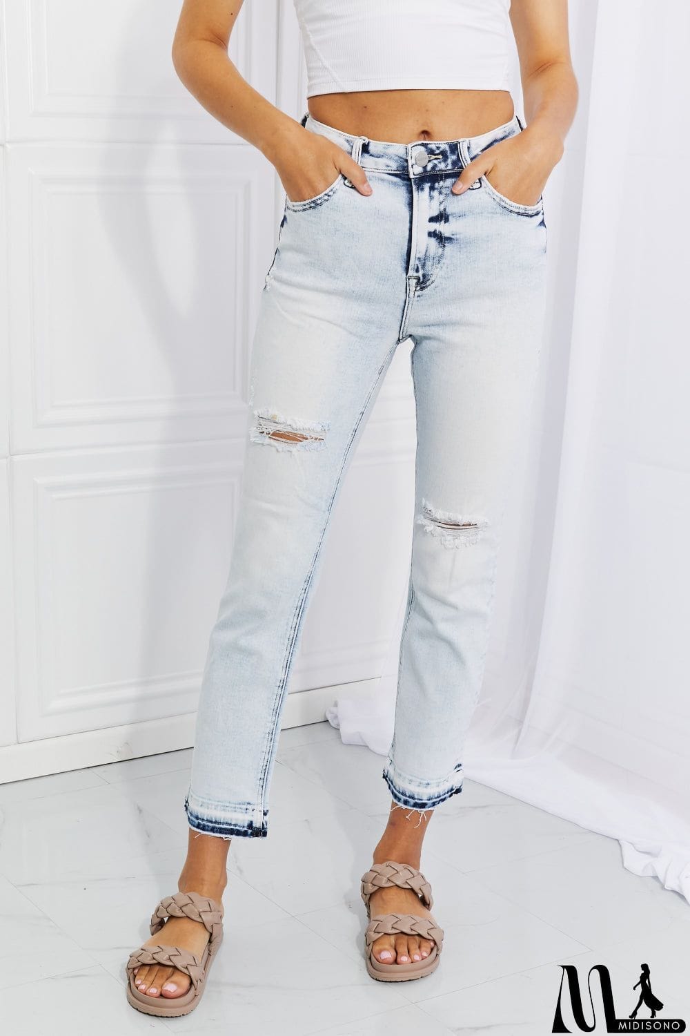 MidiSono - RISEN Full Size Camille Acid Wash Crop Straight Jeans