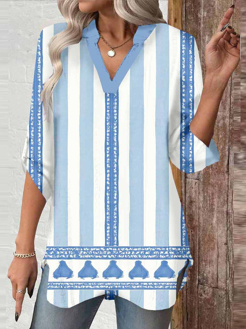 Women Striped, Blue DZGA0067 3/4 Sleeve V-neck Printed Graphic Button Tops