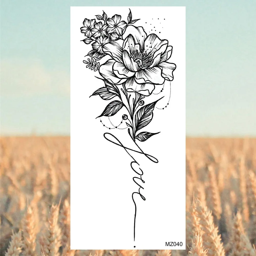 Black Lotus Pendant Temporary Tattoos For Women Adult Rose Flower Jewelry Fake Tattoo Fashion Calf Waterproof Half Sleeve Tatoos