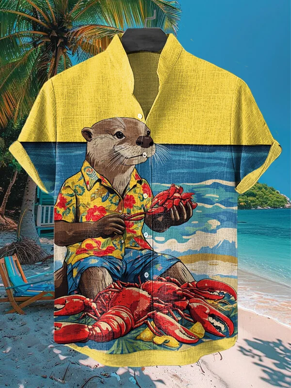 Men's A Otter is Eating Lobster By The Seaside Vacation Print Casual Shirt