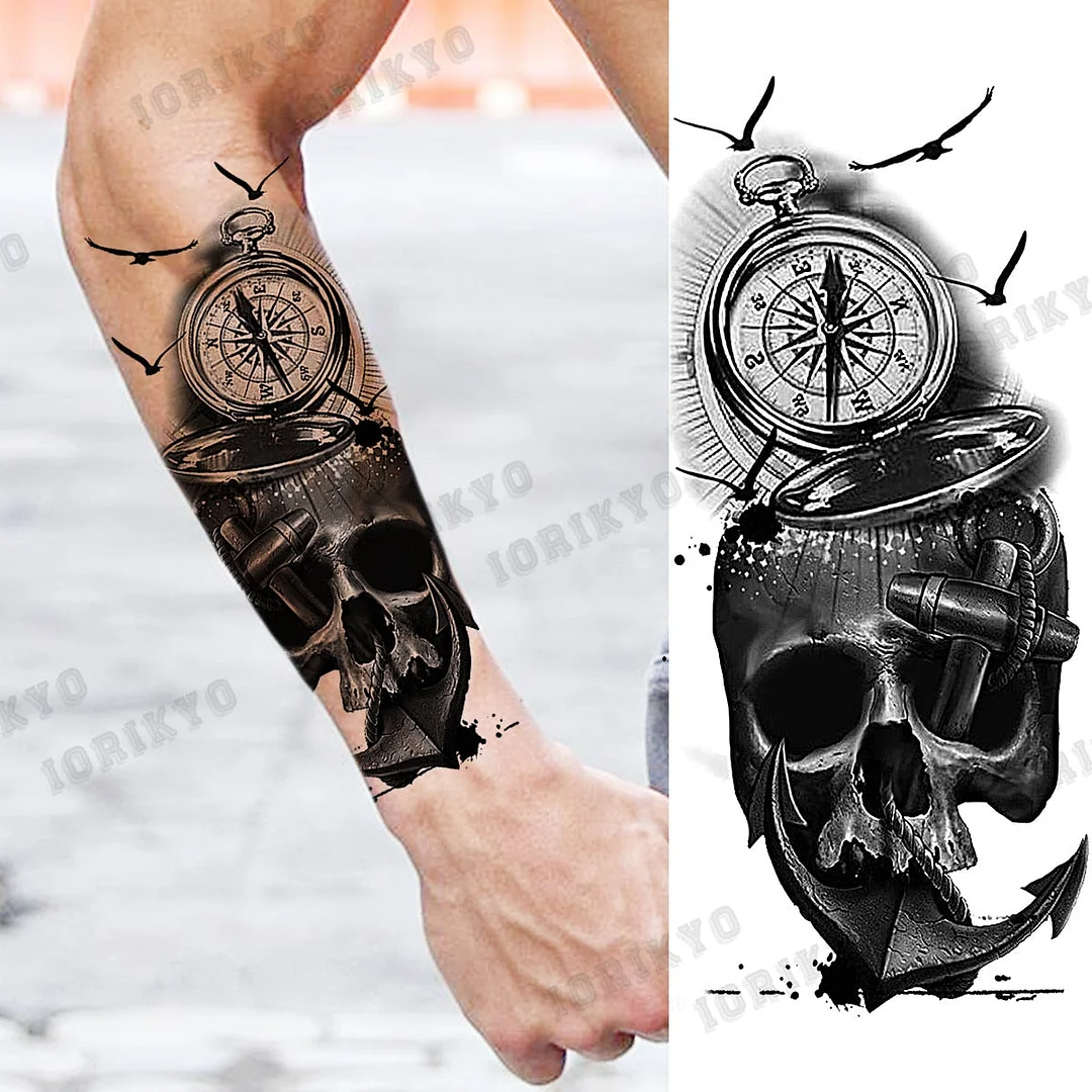 Realistic Devil Skeleton Temporary Tattoos For Men Adult Women Wolf Compass Gangster Fake Tattoo Washable Body Art Tatoo Sticker