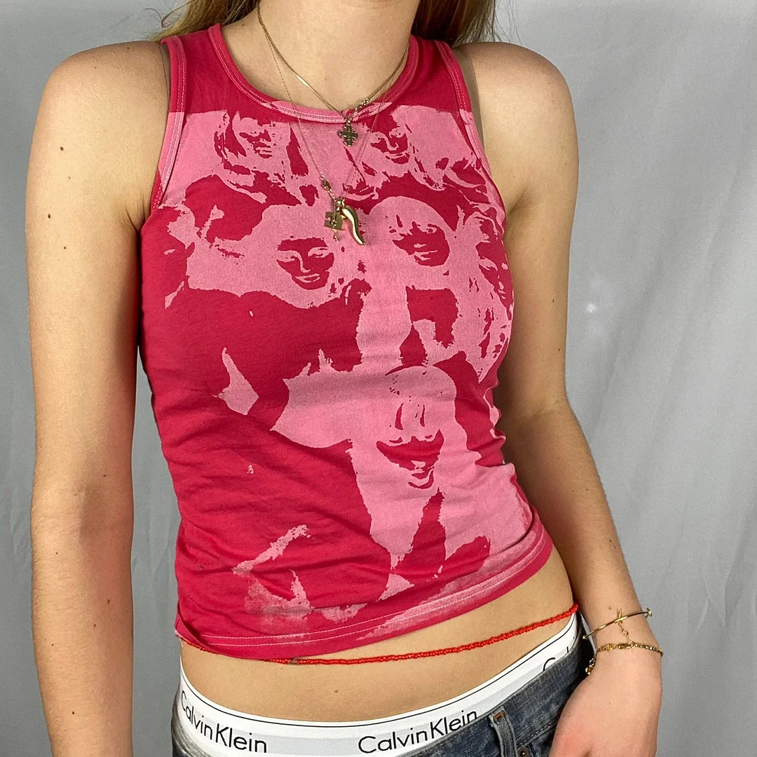 E-girl Vintage Y2K Aesthetic Tank Top Hip Hop Face Graphic Print Sleevless Slim Fit Women Gothic Crop Vest Sweats Tee Streetwear