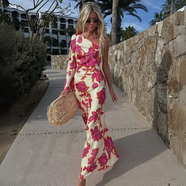 Oblique Shoulder  Printed Dress