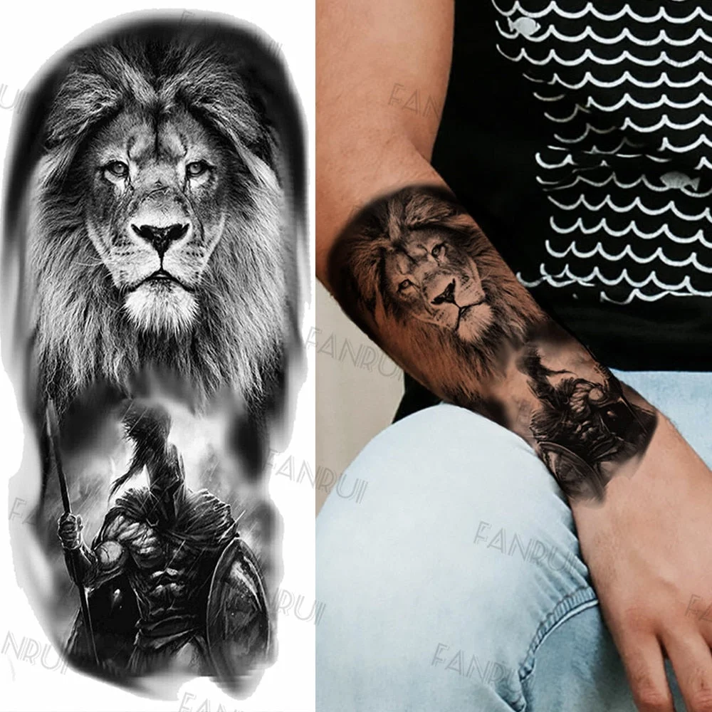Black Gun Tattoos Sticker For Men Women Arm Art Temporary Tattoos Realistic Fake Flower Lion Tiger Tatoos Decal Cool Warrior DIY