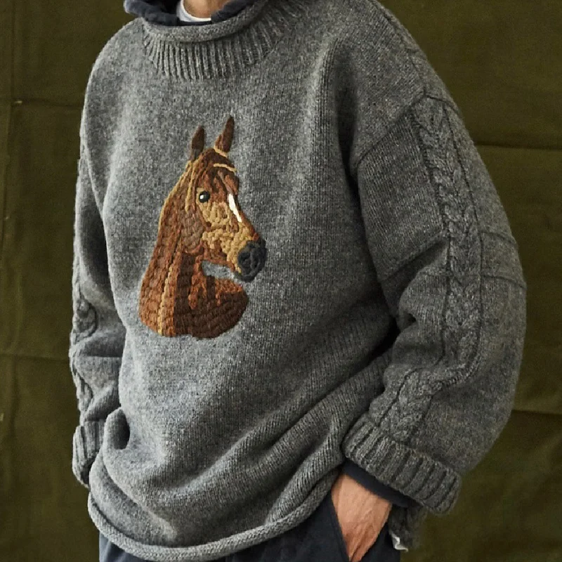 American Thick Needle Pure Wool Hand-embroidered Horse Head Sweater