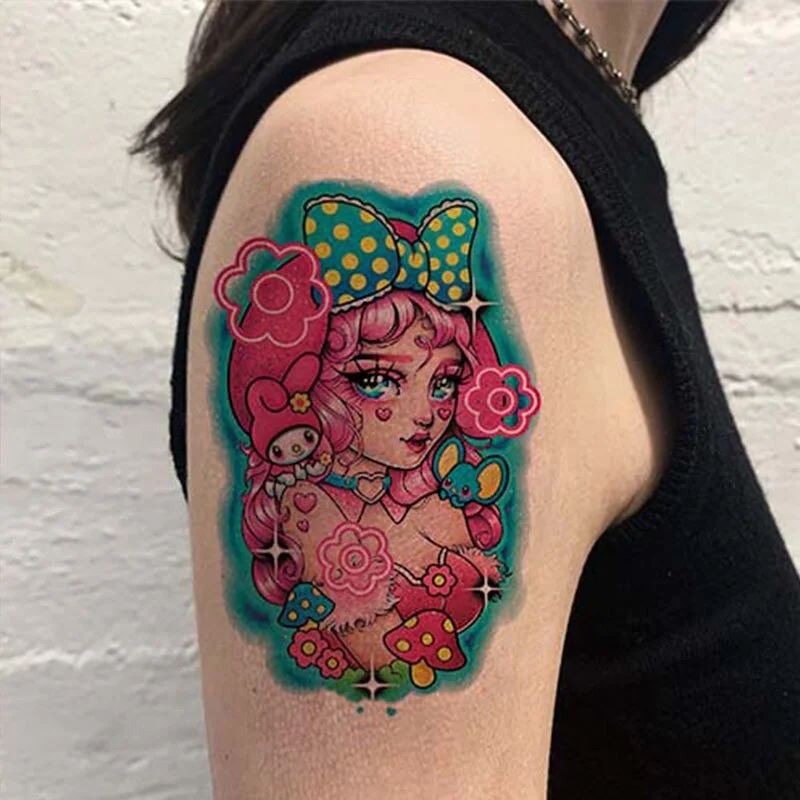 Sdrawing Temporary Tattoo Sticker Anime Cartoon Cute Pink Hair Girl Flower Necklace Fake Tatto Flash Tatoo Art for Women Men