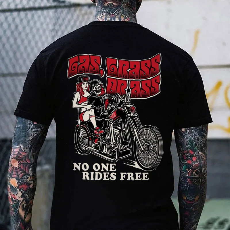 GAS GRASS OR ASS NO ONE RIDES FREE Sexy Lady&Skeleton Motorcyclist Print Men's T-shirt