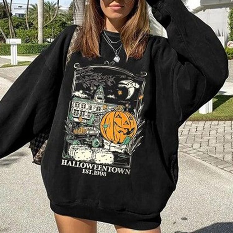 Casual Crew Neck Halloween Print Long Sleeve Sweatshirt