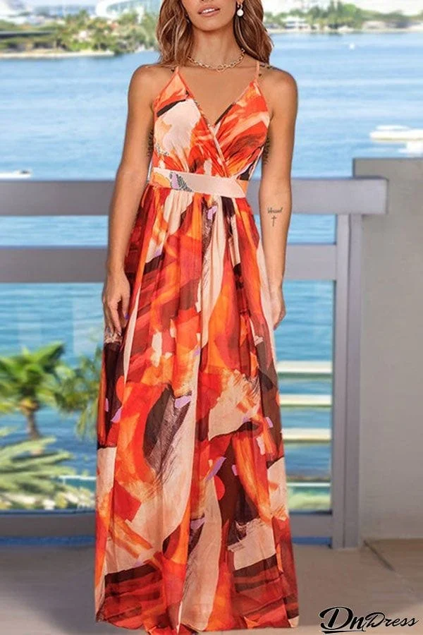 V Neck Waisted Floral Printed Maxi Cami Dress