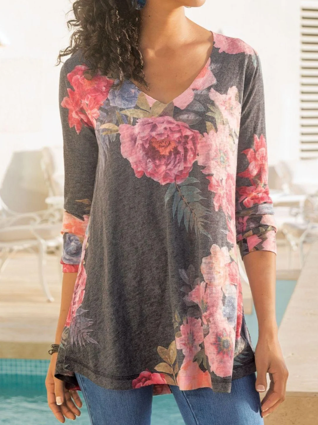 Cotton-Blend Casual V Neck Floral-Print T-shirt
