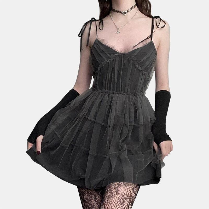 Gray Mesh Spaghetti Strap Mini Dress