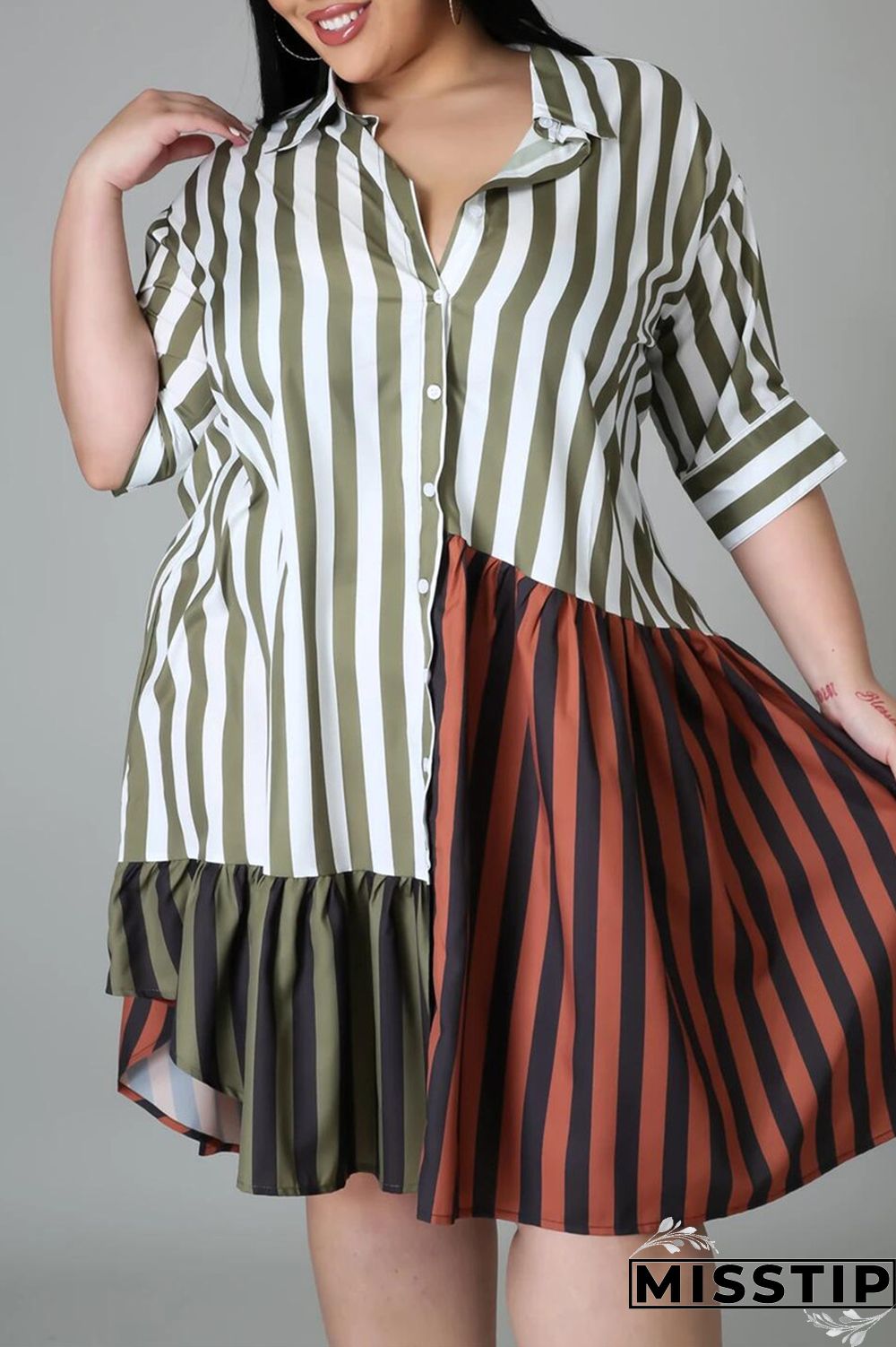Brown Fashion Plus Size Striped Print Patchwork Turndown Collar Shirt Dress (Without Belt)