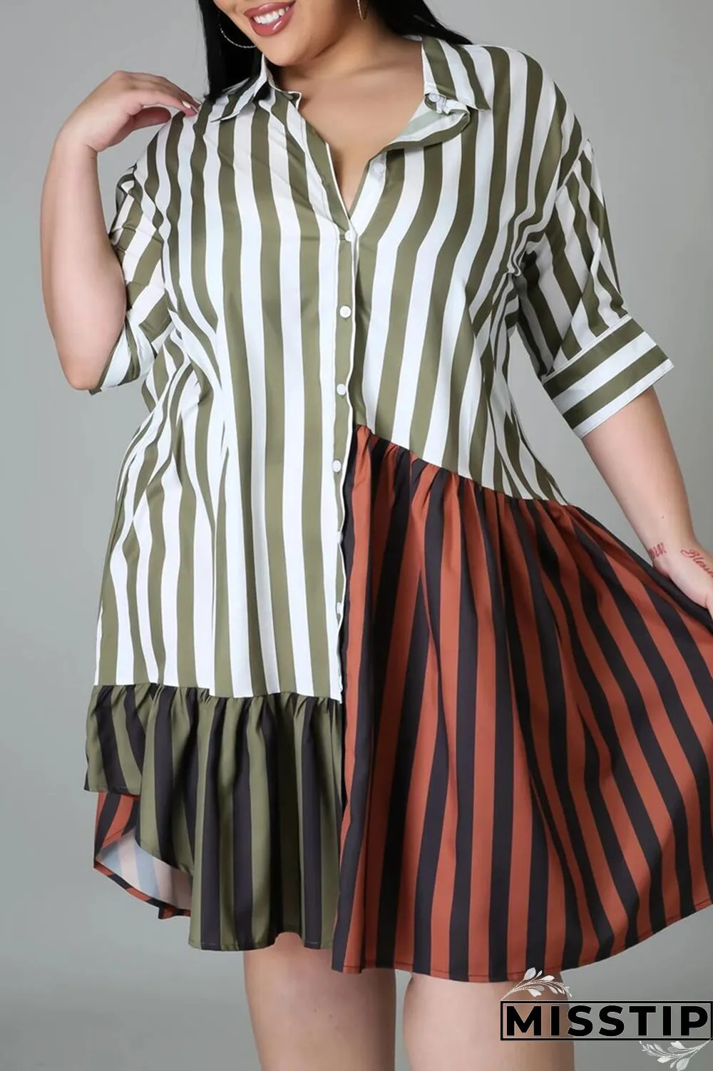 Brown Fashion Plus Size Striped Print Patchwork Turndown Collar Shirt Dress (Without Belt)