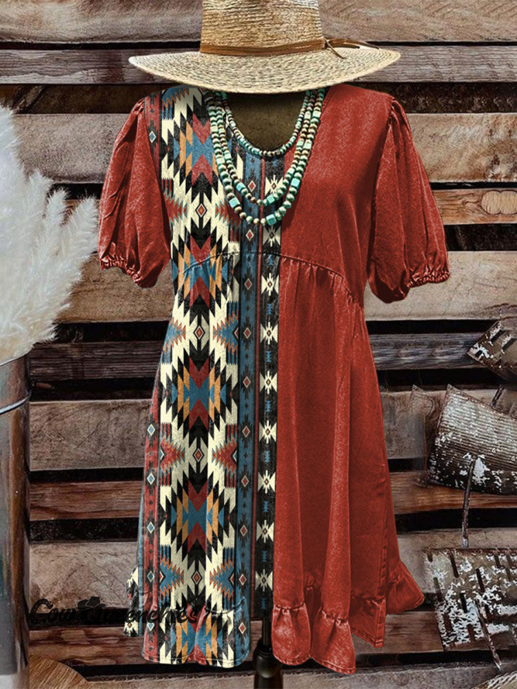 Women’s Vintage Western Art Print Pocket Cotton Dress Multicolor / S