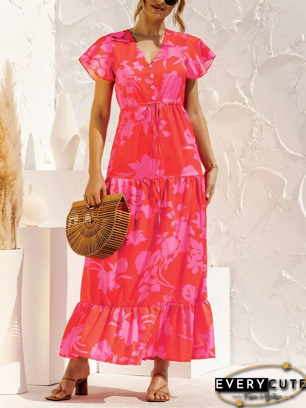 V-neck Floral Print Maxi Dress P16236