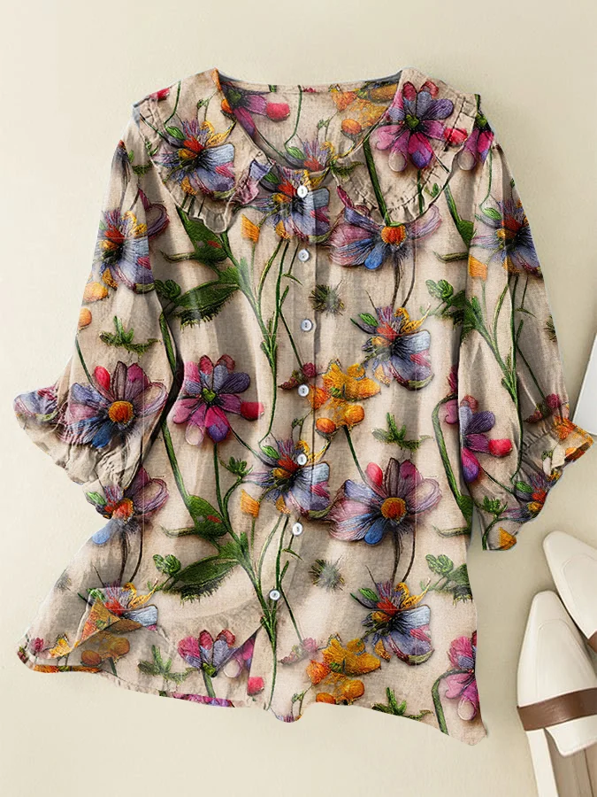Vintage Floral Cotton and Linen Peter Pan Ruffle Collar Shirt