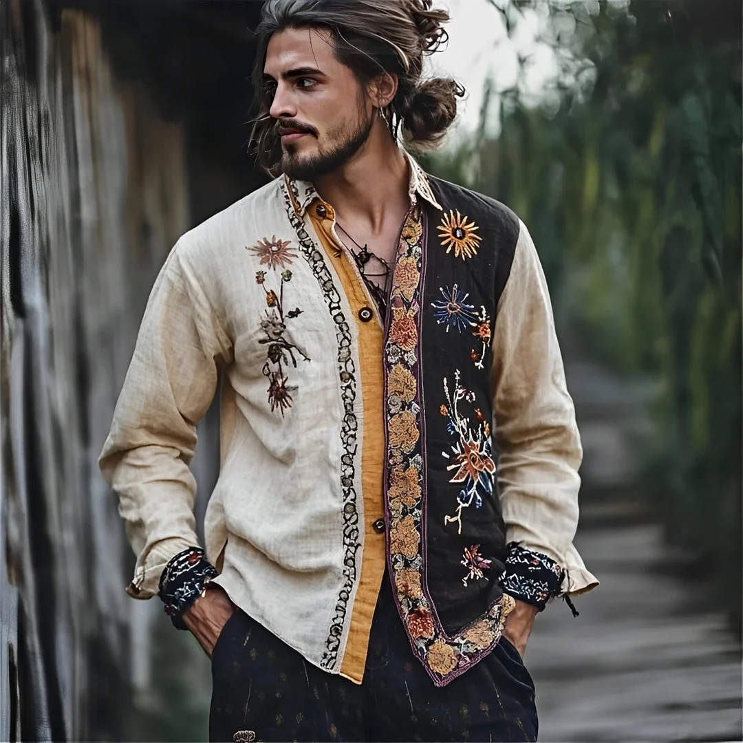 Men's Boho Hippie Floral Embroidery Printed Contrast Linen Blend Shirt-inspireuse
