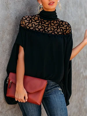 Image of Embroidered See-Through Solid Color Split-Joint High Neck T-Shirts Tops