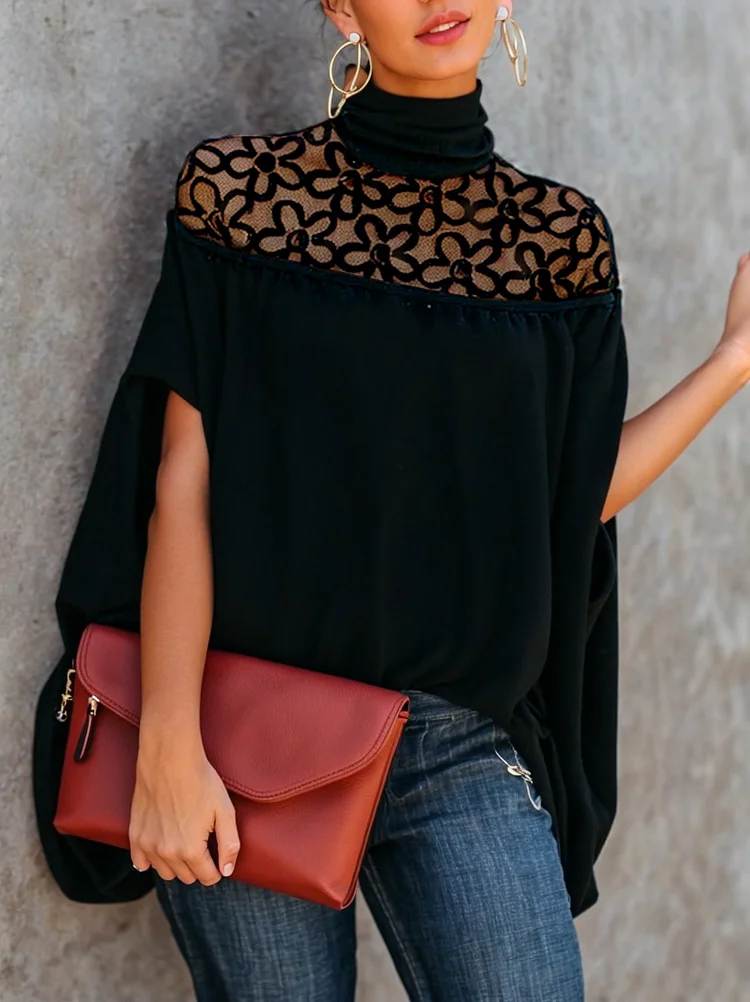 Embroidered See-Through Solid Color Split-Joint High Neck T-Shirts Tops