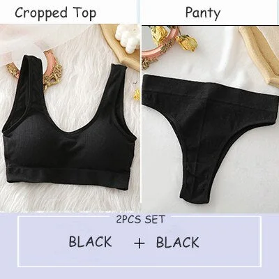 Women's Bra Set Sexy Cropped Top And Pantys Seamless Briefs For Girls Tank Top Thong Lingerie Suit Soft Underwear Sets 6 Colors