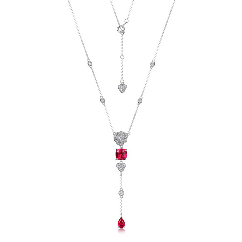 S925 Sterling Silver 8*8 MM Ruby High Carbon Diamond Gemstone Flower Tassel Pendant Necklace Jewelry Anniversary Gifts