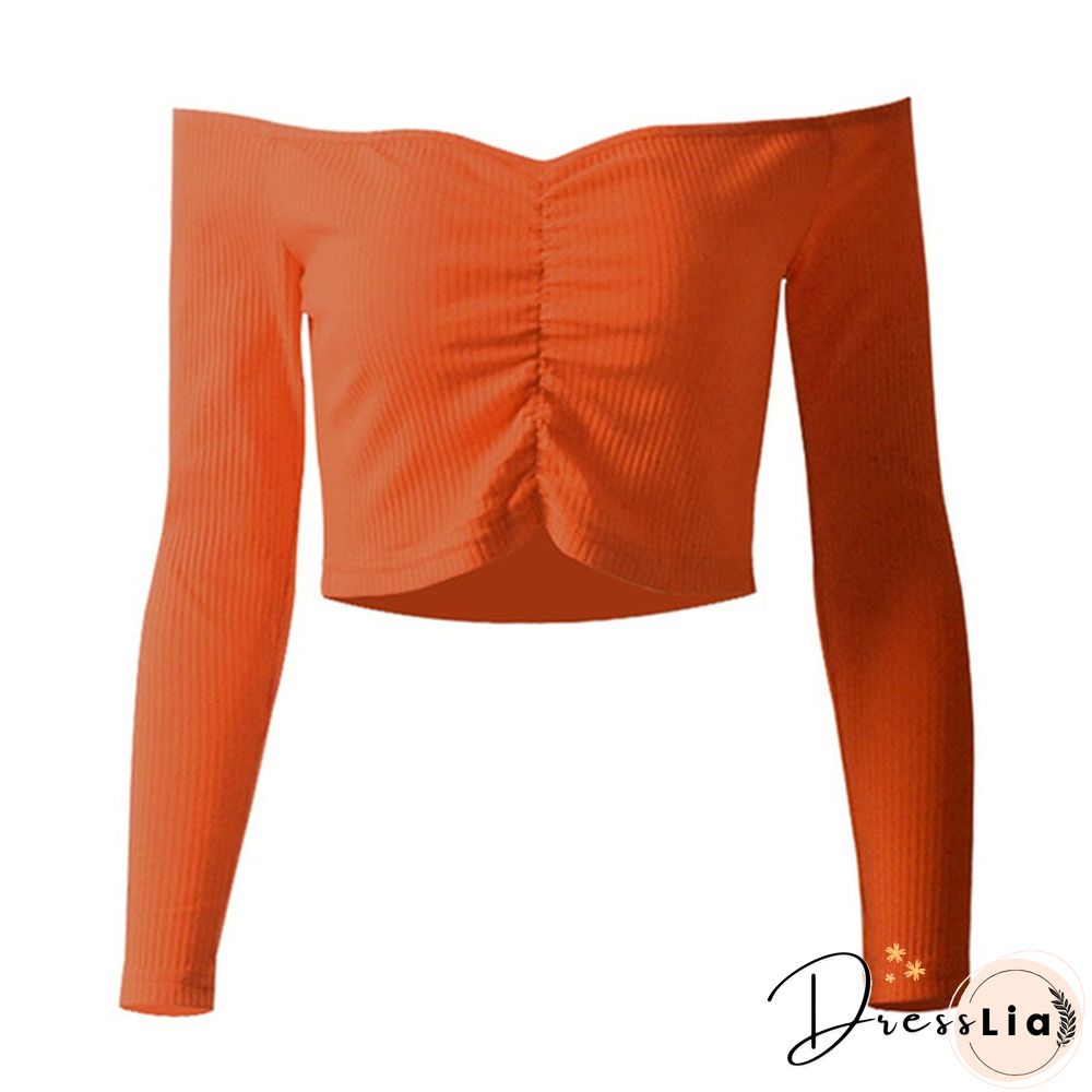 Summer Shirt T-shirt Casual Lady Long Sleeve Wrapped Chest Word Shoulder Fashion Tops