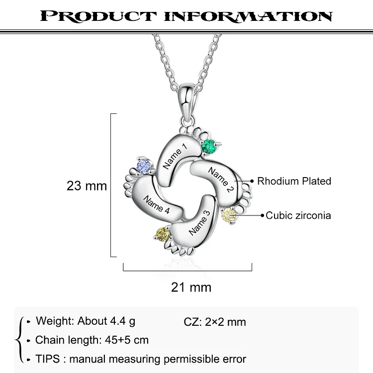 Collier 4 Prénoms Personnalisés Pied Bébé avec 4 Pierres de naissance Jessemade FR