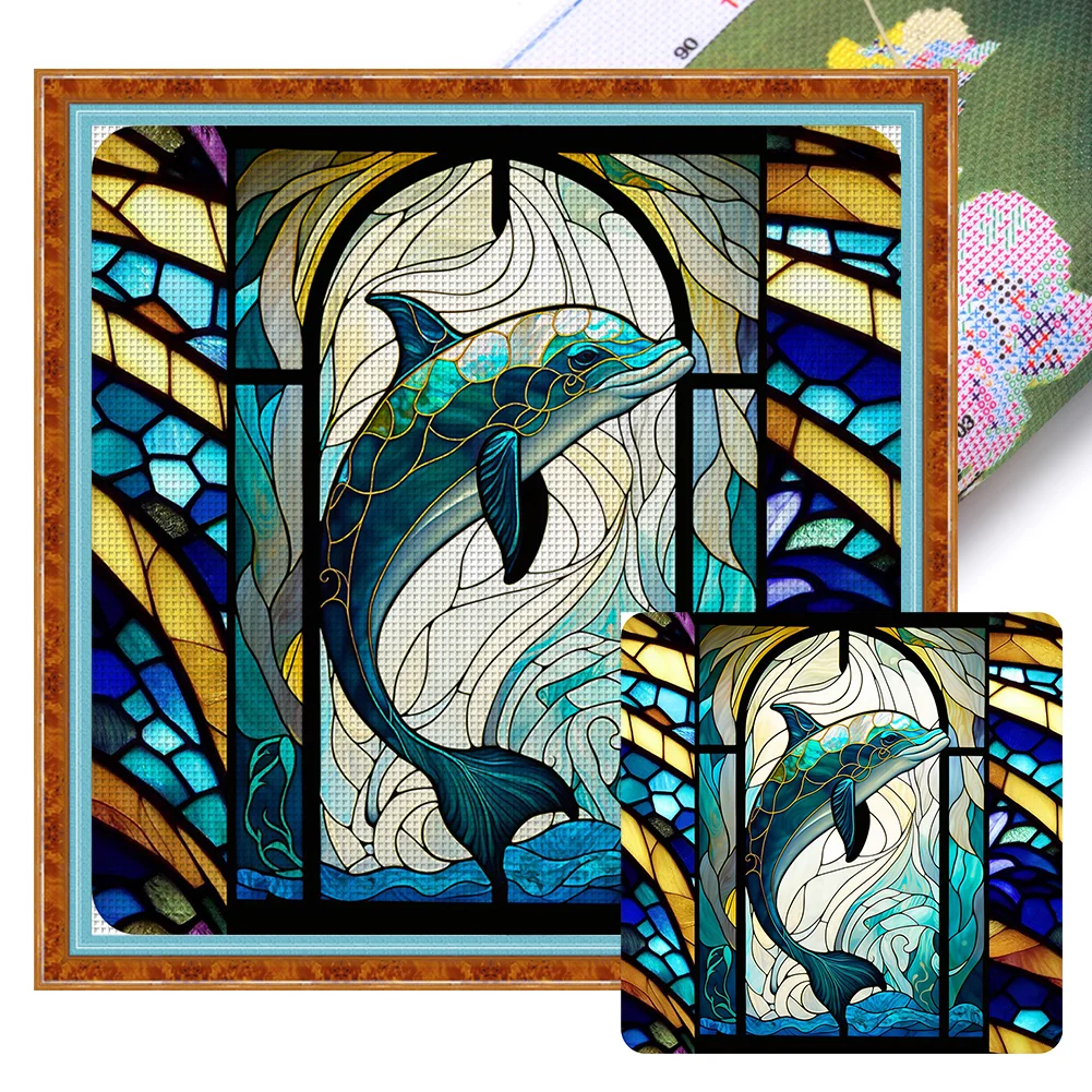11CT Full Stamped Cross Stitch - Stained Glass Dolphin(Canvas|40*40cm)