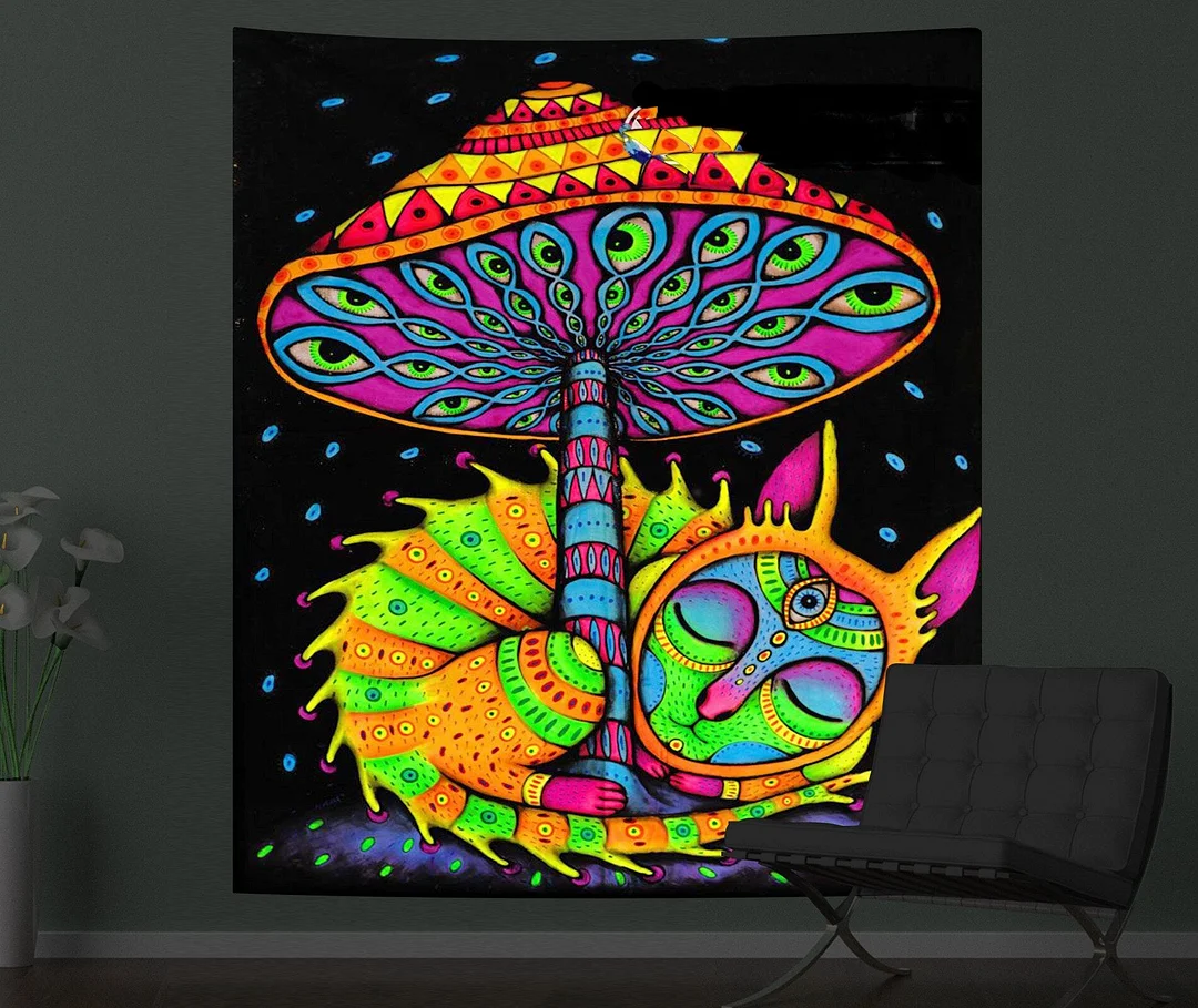 Mushroom Psychedelic Fluorescence Tapestry Wall Hanging Cloth Bedroom Decor Psychedelic Art Poster Glow Under Ultraviolet Light