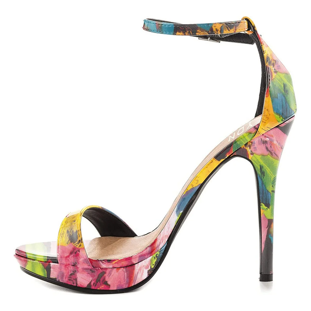 Ankle Strap Multicolor Floral Print Open Toe Stiletto Heeled Sandals