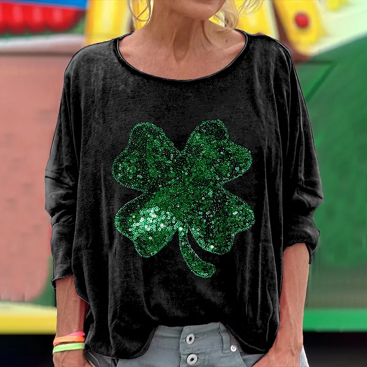 VChics Women'S St. Patrick'S Day Sequined Shamrock Art Oversize T Shirt