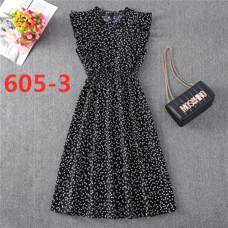 Women's Summer Red Polka Dotted Chiffon Sleeveless Standing Neck Loose Zipper Versatile Mid Length Dress Fairy Full Dress