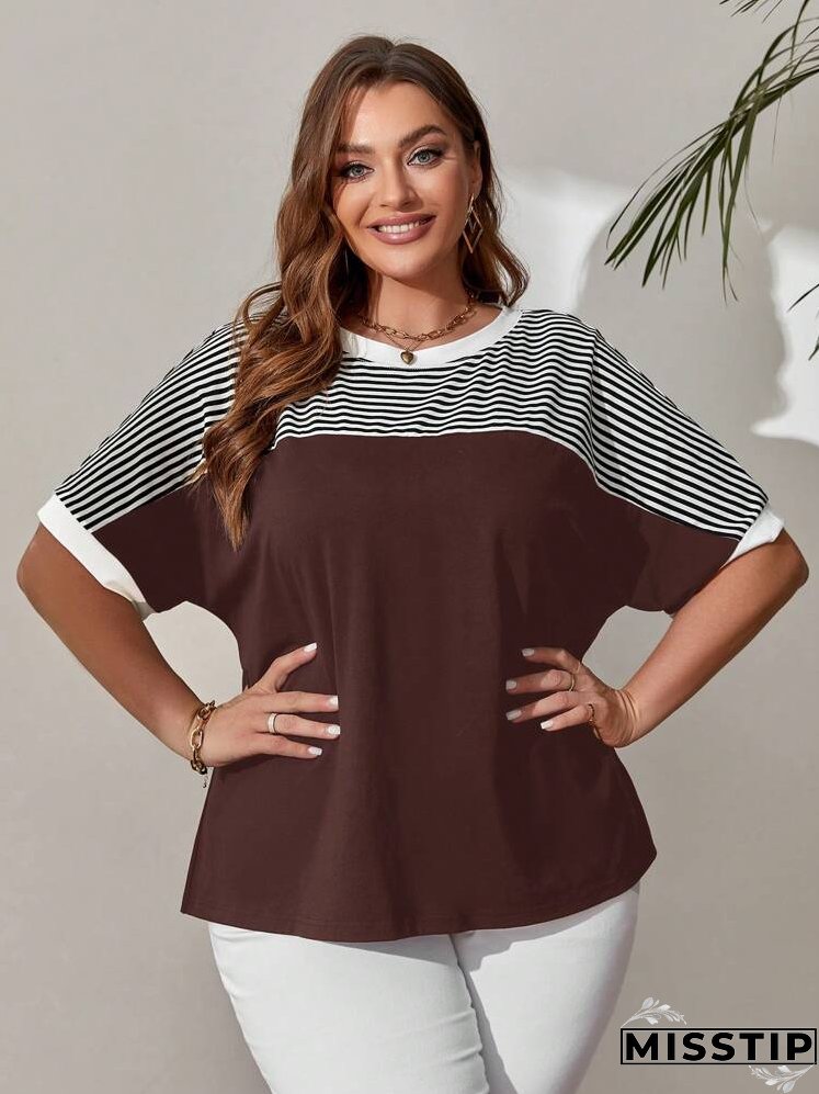 Plus Size Women's Striped Pattern Batwing Sleeve T-Shirt For Spring