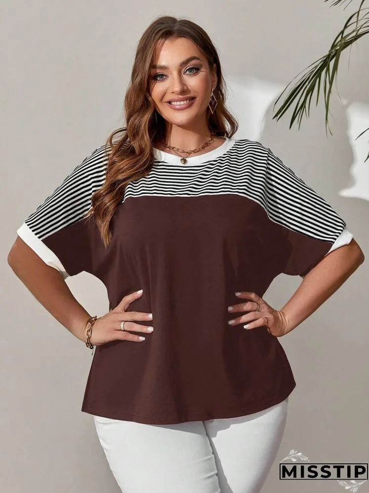 Plus Size Women's Striped Pattern Batwing Sleeve T-Shirt For Spring