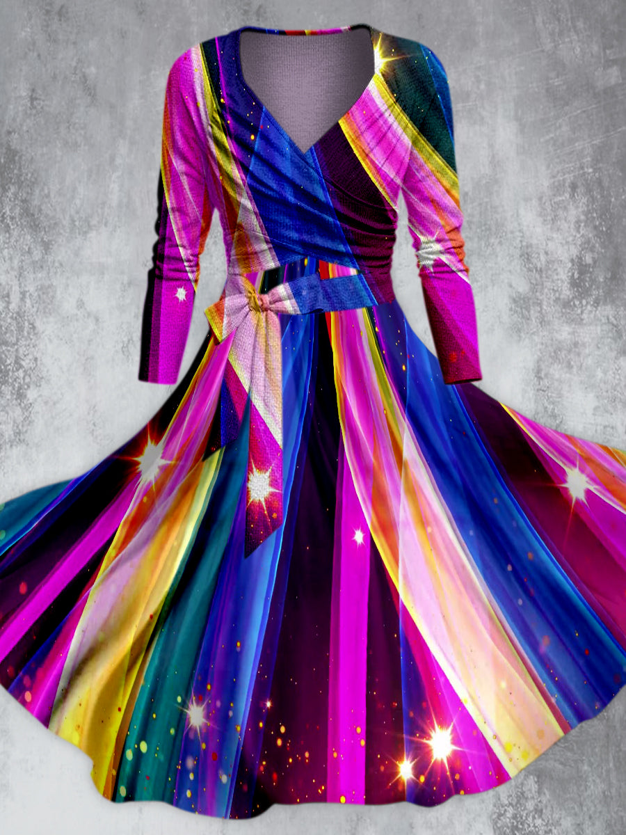 Blue Purple Light Art Printed V-Neck Long-Sleeved Belt Fashion Midi Dress
