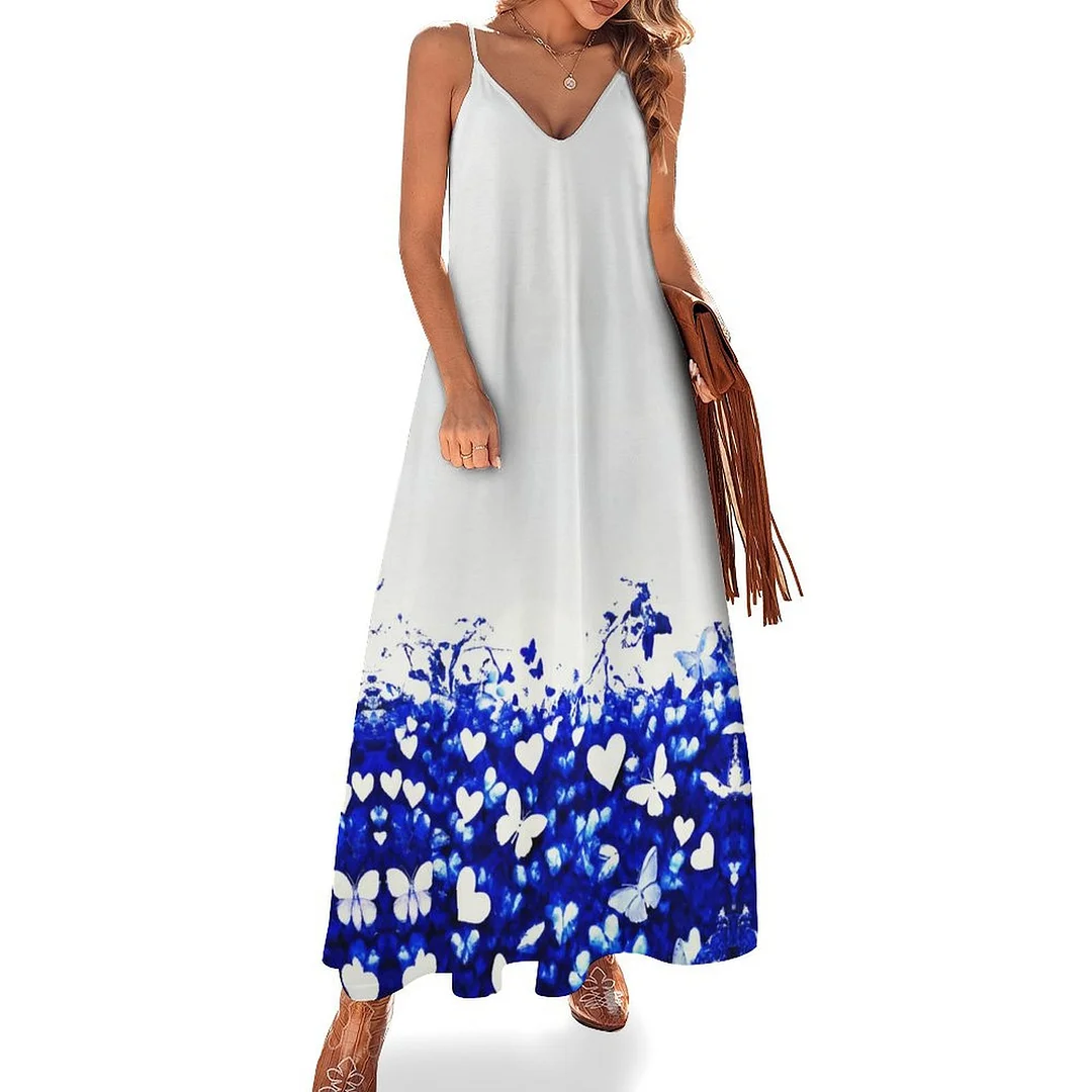 Style & Comfort for Mature Women Plus Size Printed Sling Casual Women Maxi Dress in Pattern Butterflies, Floral, Blue, Watercolor