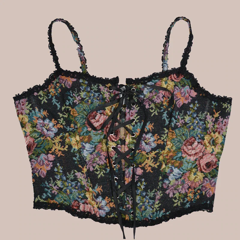 Billionm French Vintage Corset Tops To Wear Out Sexy Floral Corsets Bustier Crop Top Tank Lace Up Women Flower Camisole