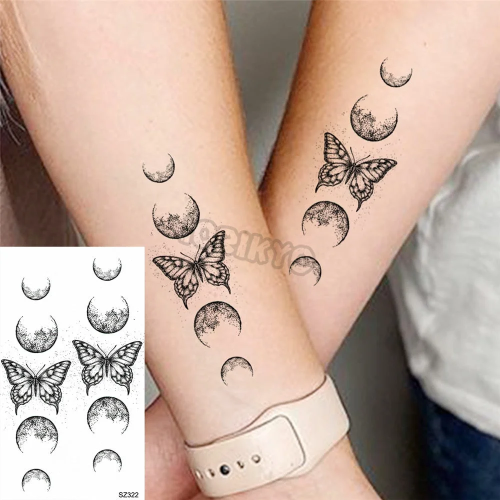 Black Pencil Sketch Henna Lotus Temporary Tattoos For Women Girls Realistic Planet Dandelion Fake Tattoo Sticker Back Arm Tatoos