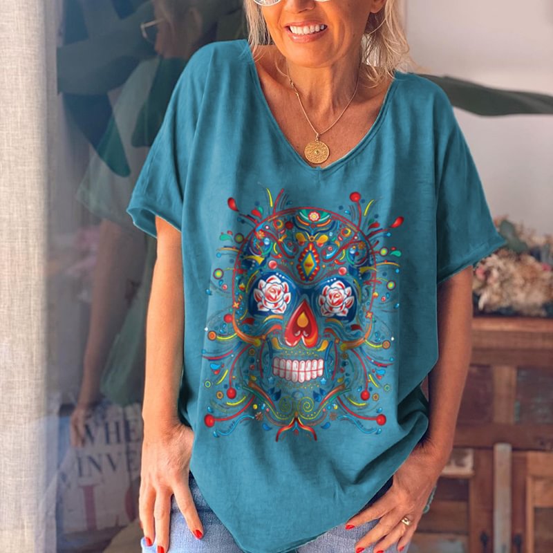 Hippies Flowers Skull Pattern Women Casual T-shirt