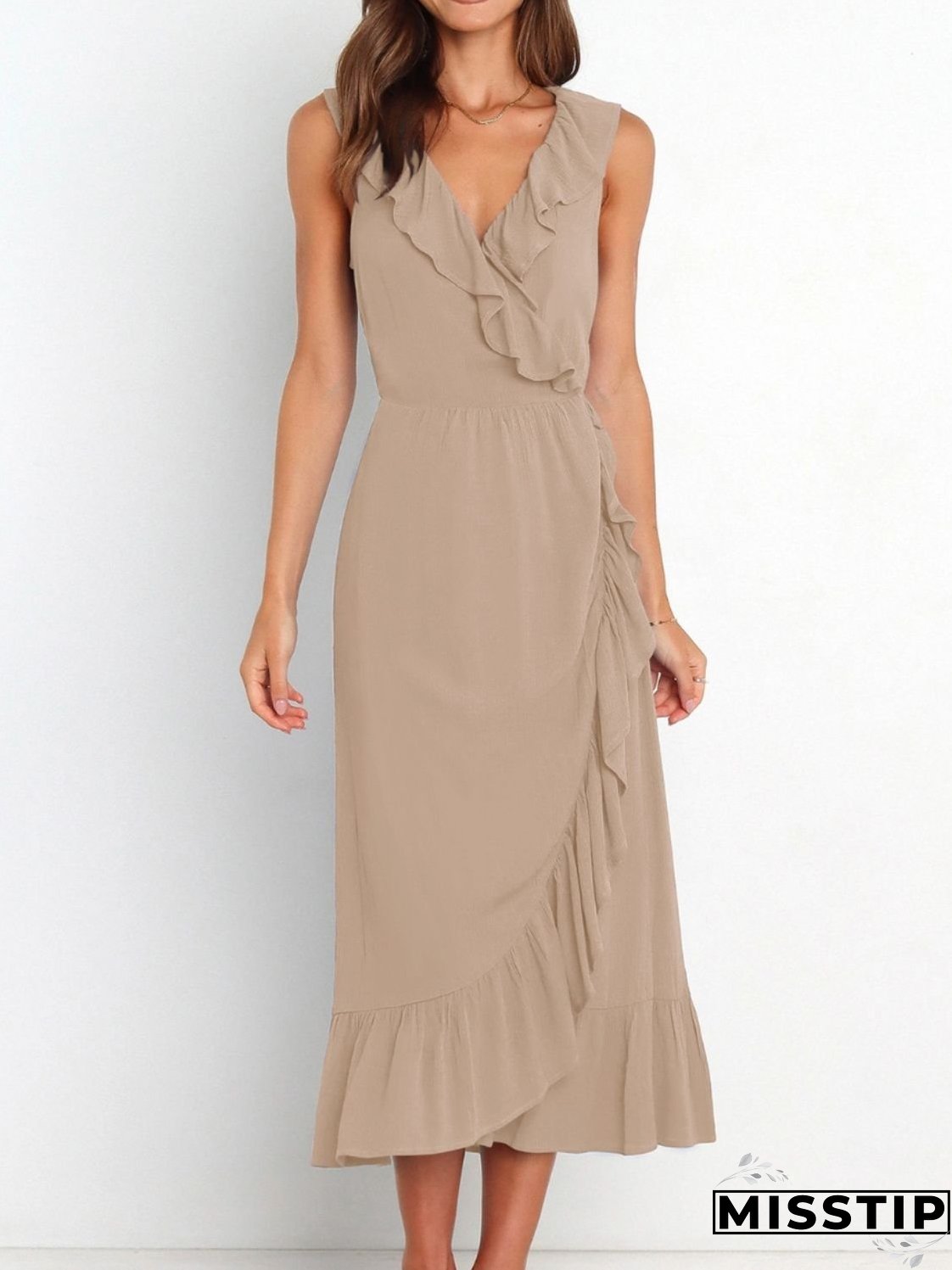 Ruffled Surplice Sleeveless Midi Dress