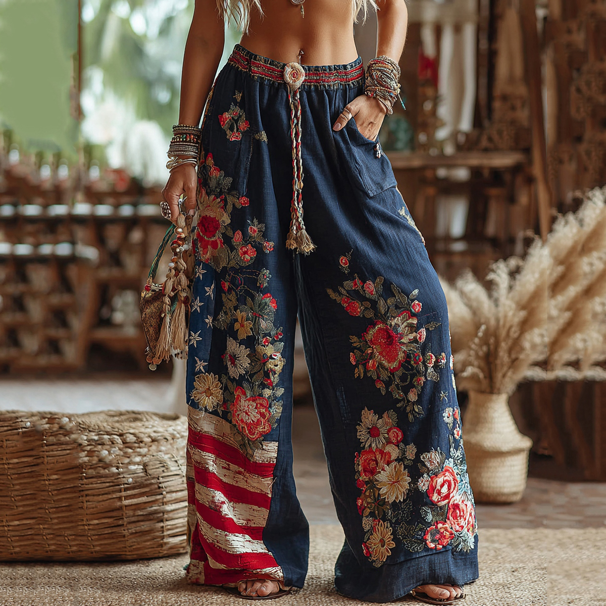 Women's Floral Patchwork Art Print Casual Pants elevenforest