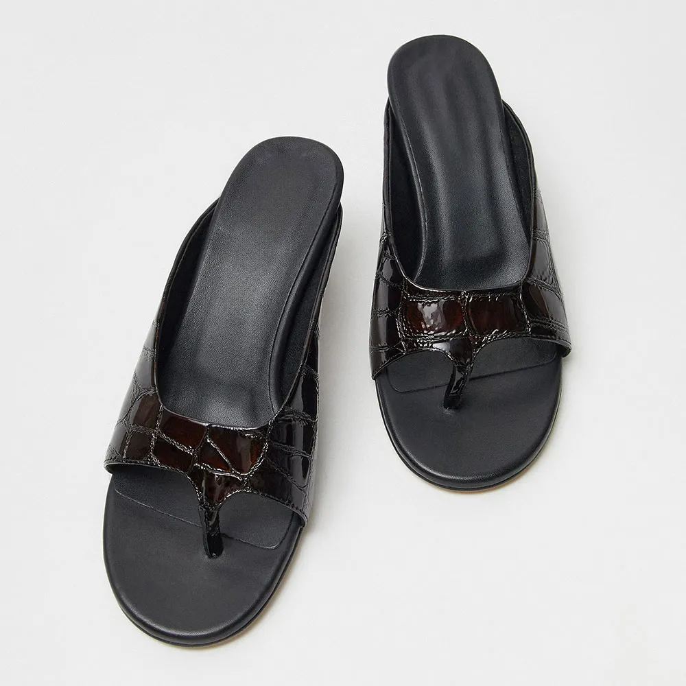 Brown Round Toe Flared Heel Croc Embossed Flip Flops Mules for Women