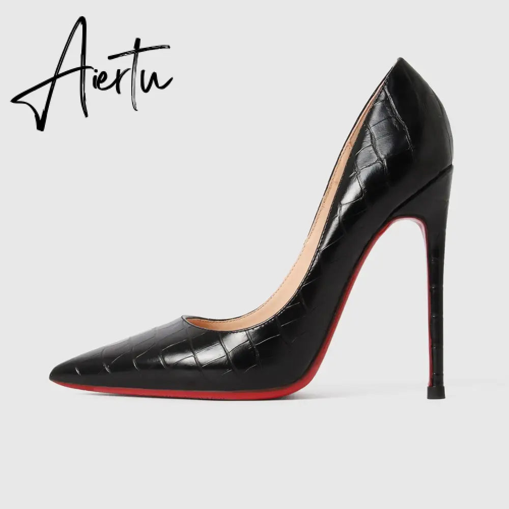 New Crocodile Print Women's High Heels Red Shiny Bottom Pumps Pointed Shallow Mouth  Sexy Wedding Shoes Fashionable Office Aiertu