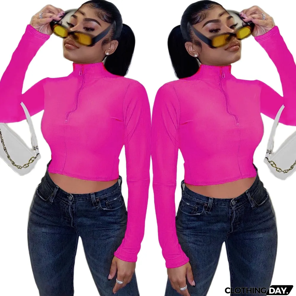 Solid Slim Fit Zip Turtleneck Top