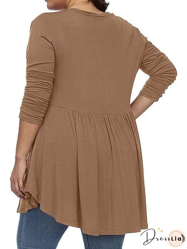 T shirt Tee Light Blue claret Deep Purple Plain Button Flowing tunic Long Sleeve Daily Weekend Basic V Neck Long Plus Size L for Women