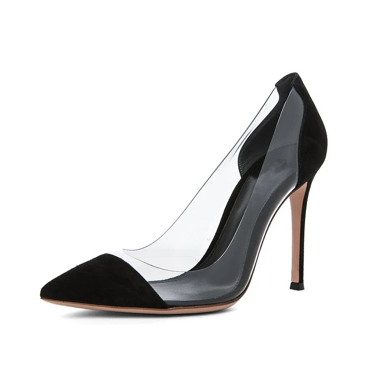 Women's Leila Black Stiletto Heel Pointy Toe Elegant Clear Heels Pumps |FSJ Shoes