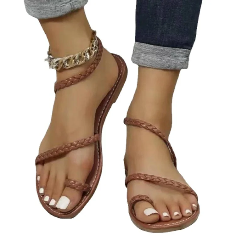 Yyvonne Women's Shoes 2025 Spring And Summer New Large-Size Braided Sleeve Flat Sandals Women Women Sheel