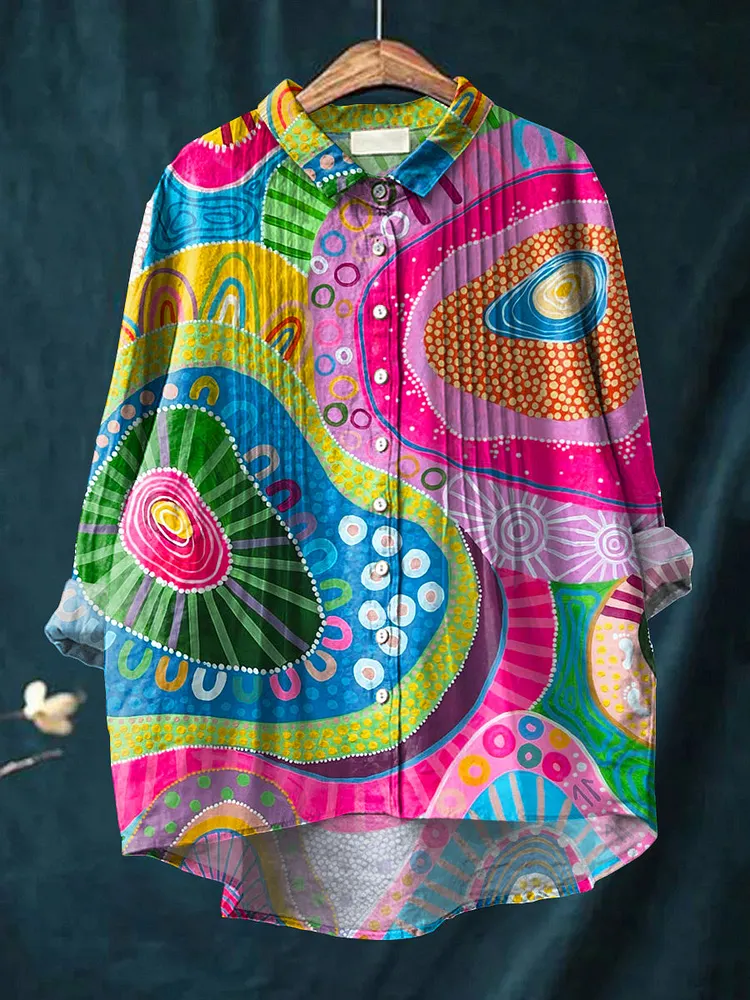 Women's Abstract Colorful Circular Geometric Painting Art Print Casual Cotton And Linen Ruffle Shirt